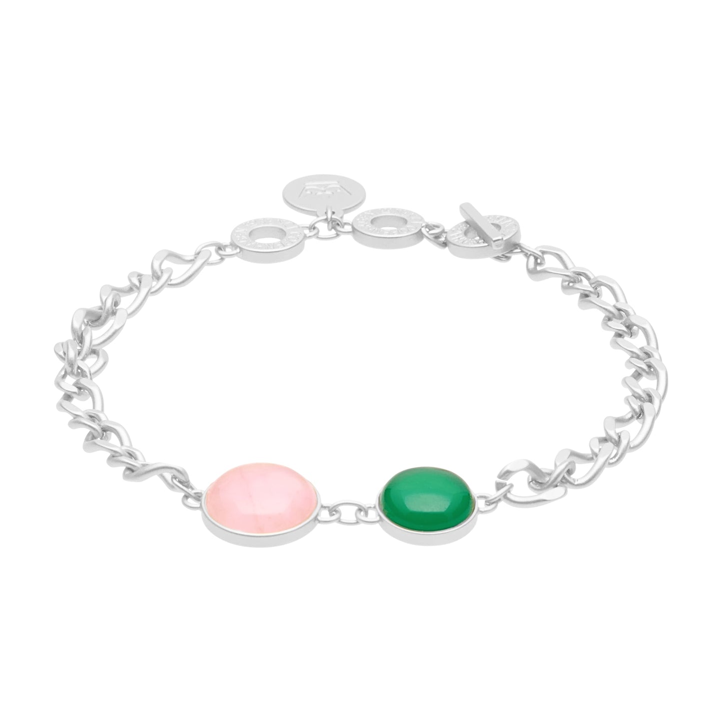 Stone duet bracelet rose & green quartz matt silver plated