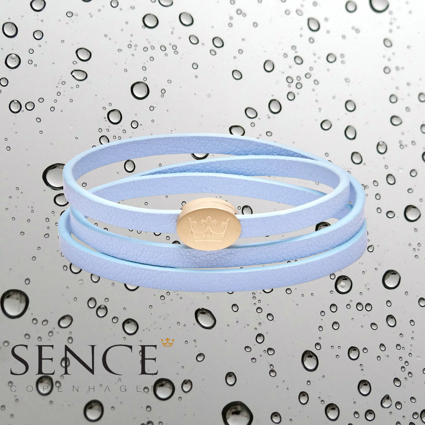 Crown Leather Wrap bracelet / necklace - Skyblue matt gold plated