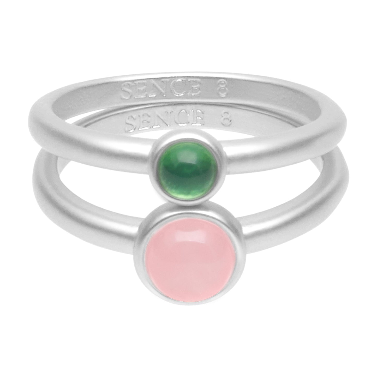Stone duet rings rose & green quartz matt silver plated size 7