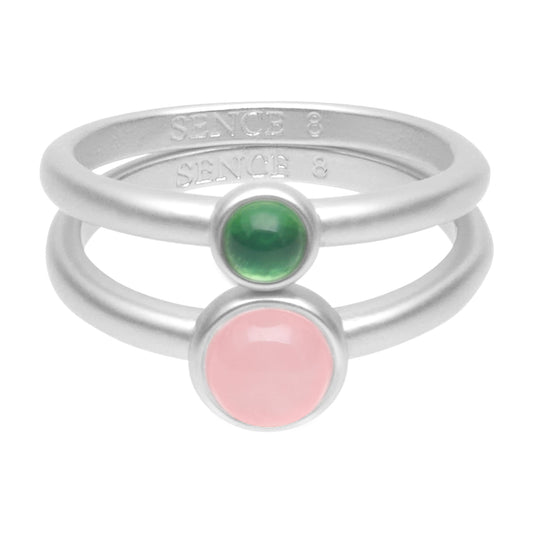 Stone duet rings rose & green quartz matt silver plated size 9