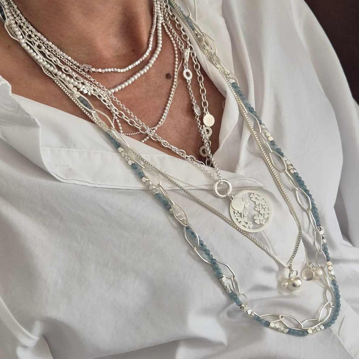 Gemstone Addict Necklace / Wrapped bracelet - Aquamarine matt silver plated - 92 CM