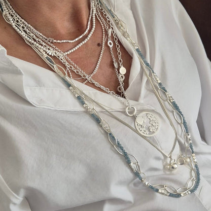 Gemstone Addict Necklace / Wrapped bracelet - Aquamarine matt silver plated - 92 CM