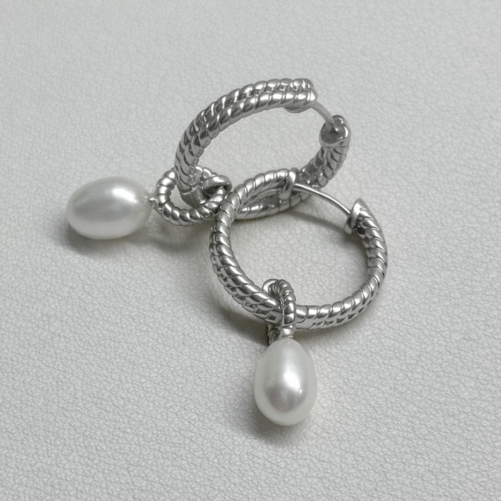 Amelie Twisted Pearl Hoops -  Matt silver plated