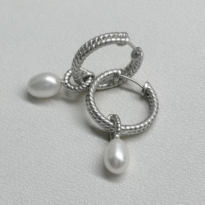 Amelie Twisted Pearl Hoops -  Matt silver plated