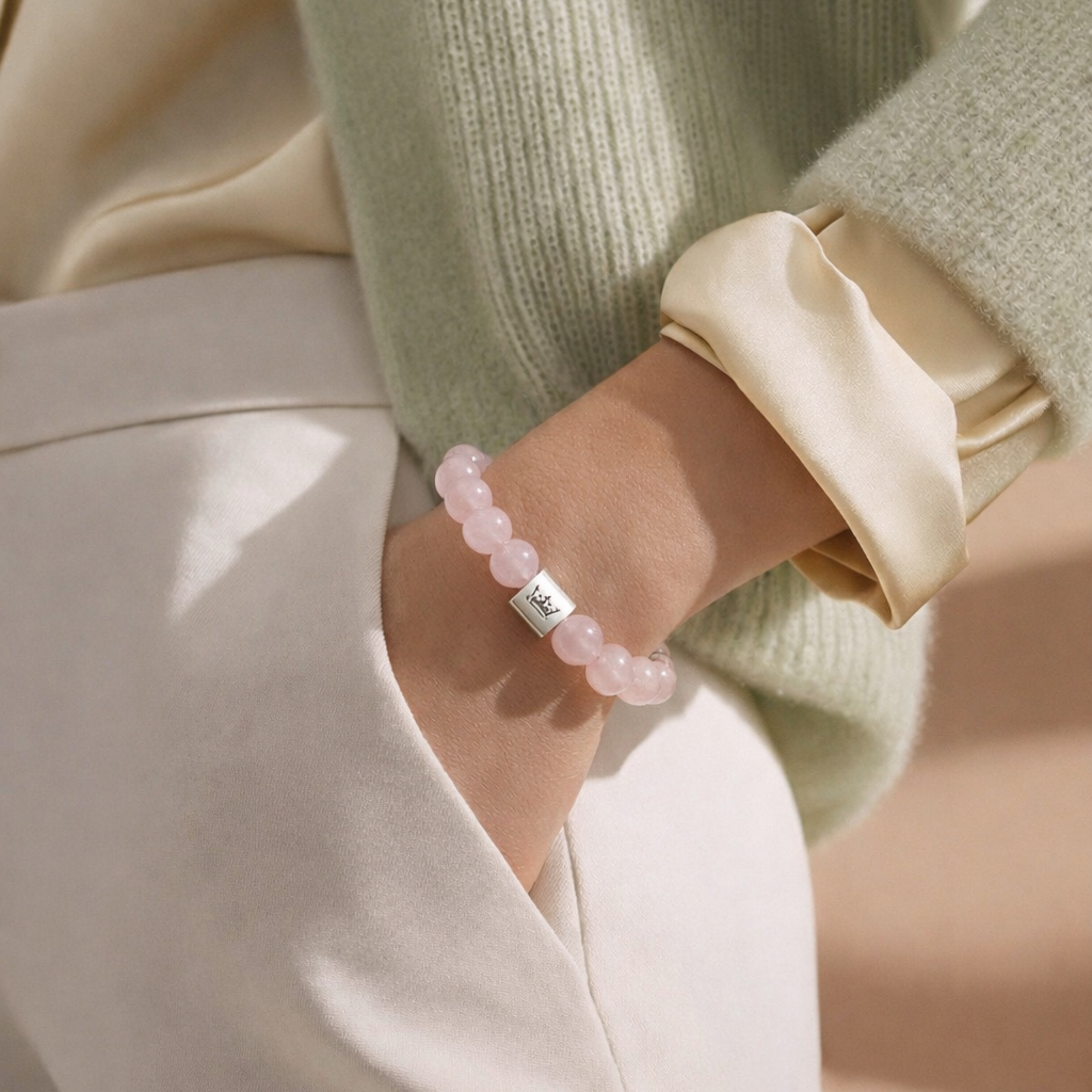 Gemstone Aarmband - Rosenquarz matt Silber