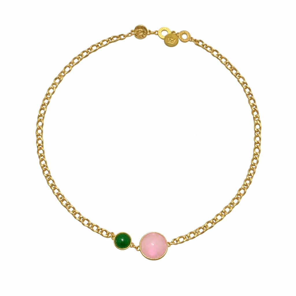 Stone Duet Necklace - Rosequartz & Greenquartz matte gold plated