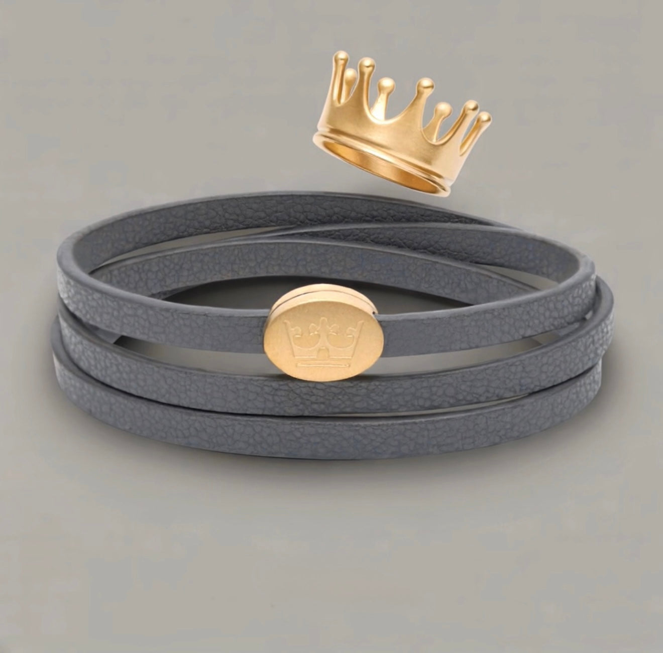 Crown Leder Wickelarmband / Halskette - Dunkelgrau matt vergoldet