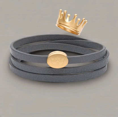 Crown Leder Wickelarmband / Halskette - Dunkelgrau matt vergoldet