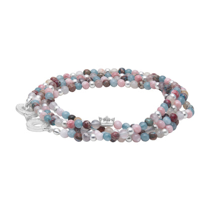 Gemstone addict necklace or wrapped bracelet pastel multi matt silver plated - 92 CM