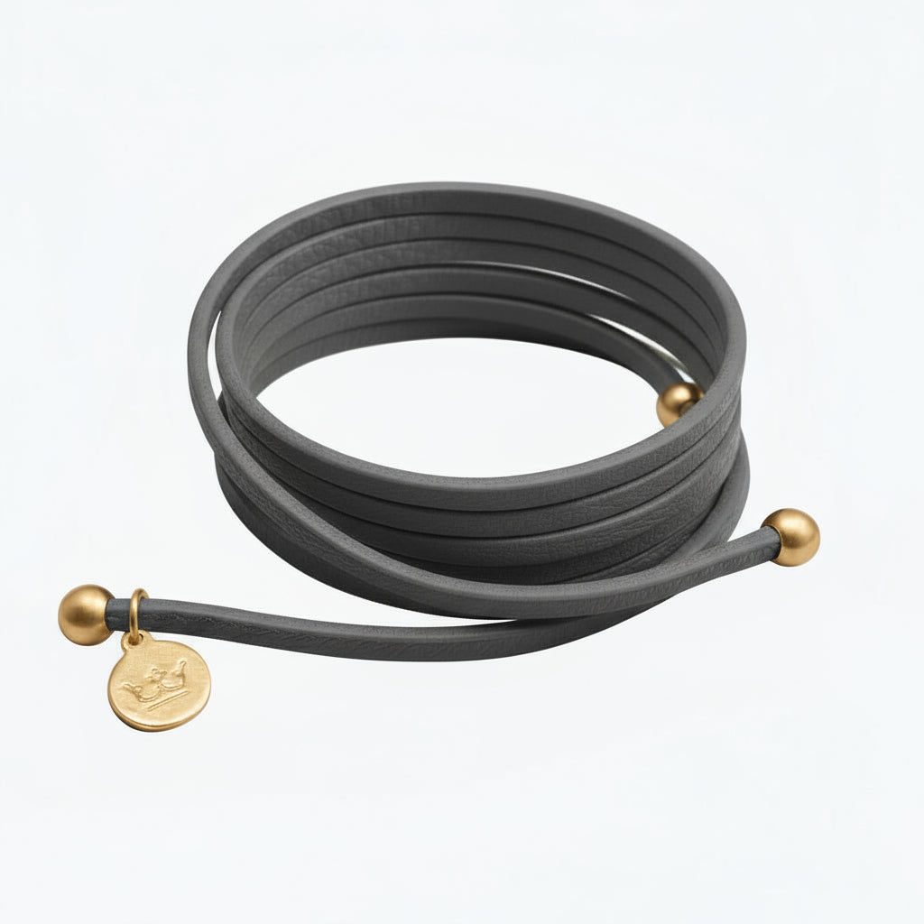 Strap Halskette / Armband - Dunkel graues Leder matt vergoldet