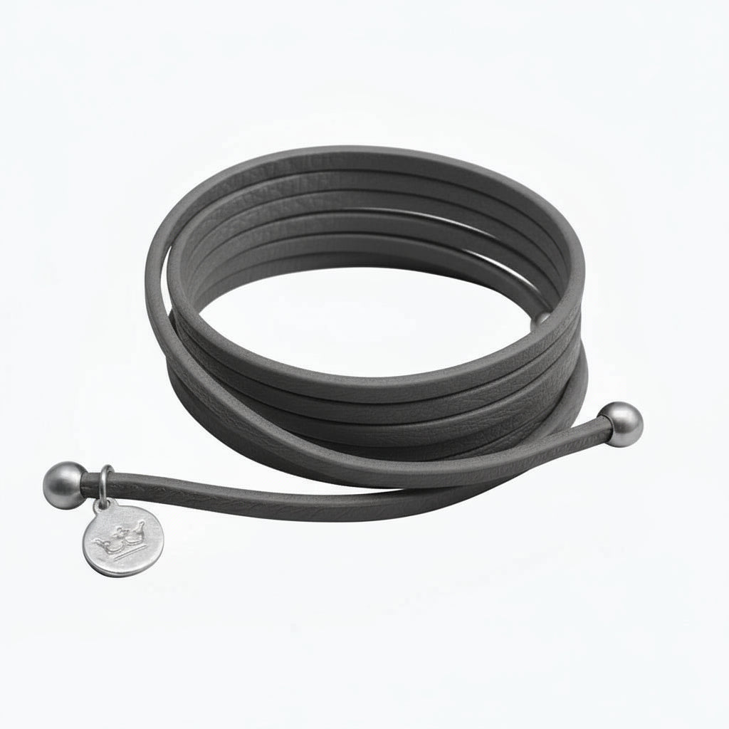 Strap Necklace / Bracelet - Dark grey leather matt silver plated