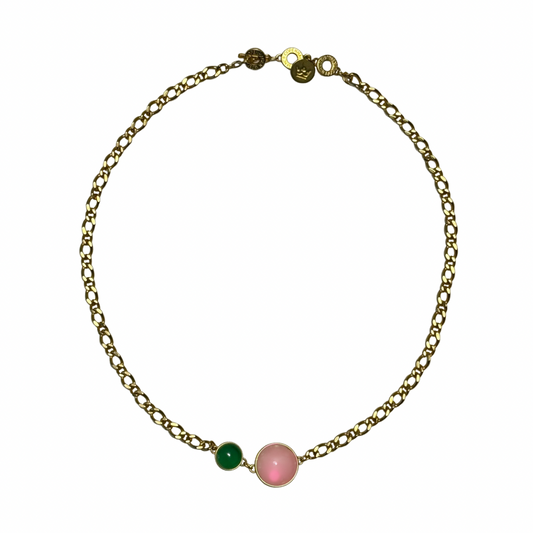 Stone Duet Necklace - Rosequartz & Greenquartz matte gold plated