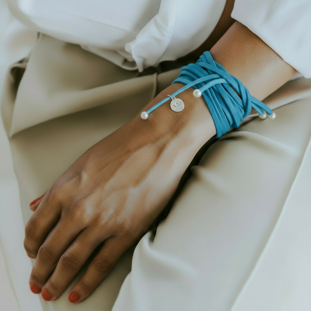 Strap Lether Necklace / Bracelet - Light blue matt silver plated