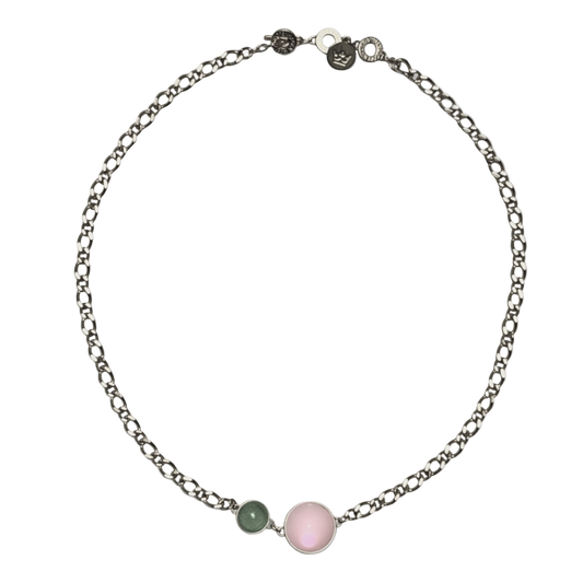 Stone Duet Necklace - Rosequartz & Greenquartz matte silver plated